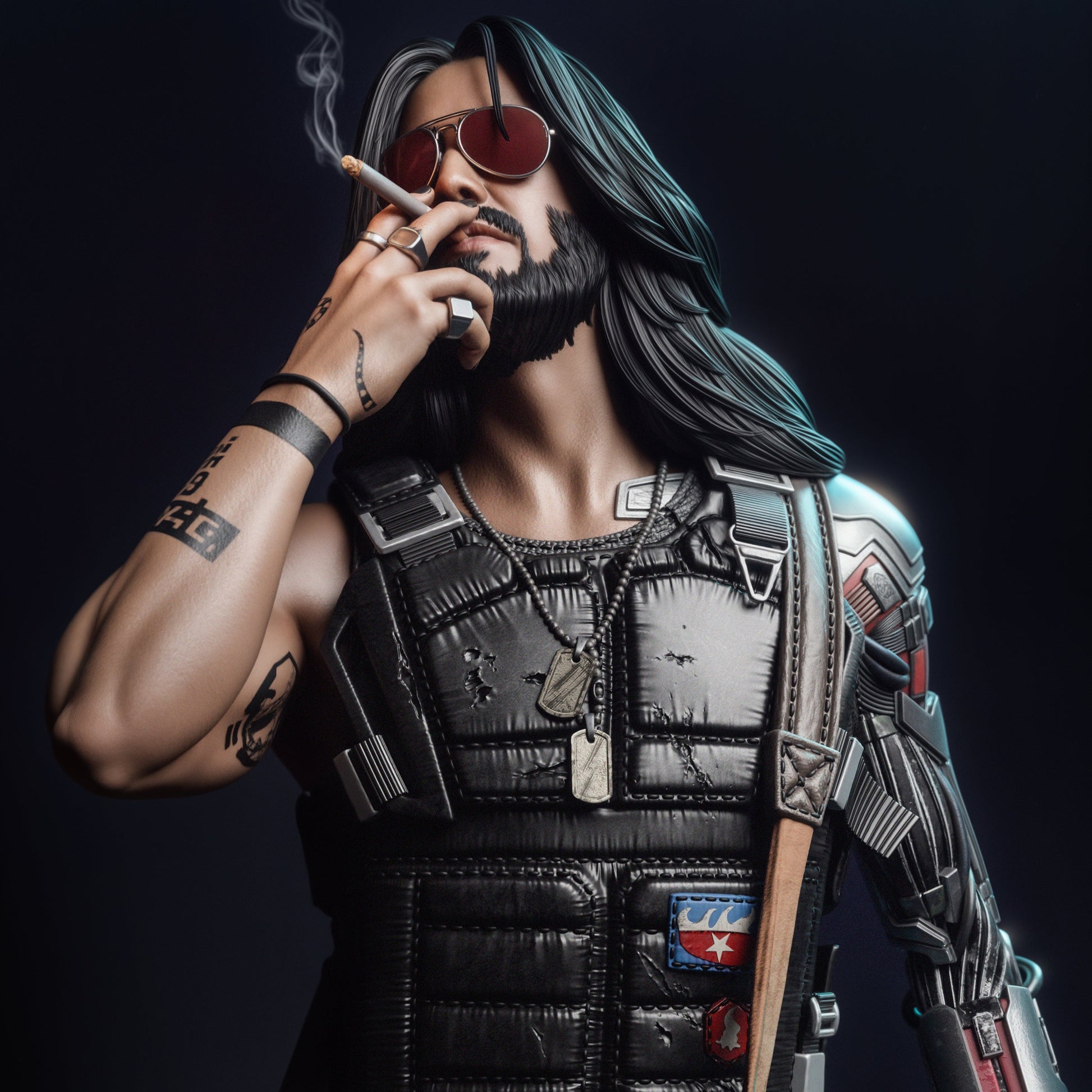 Johnny Silverhand Cyberpunk 2077 figure close-up showing facial details, cigarette, sunglasses, cybernetic arm, and chest armor