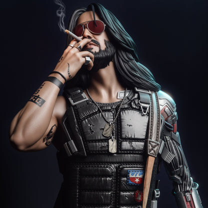 Johnny Silverhand Cyberpunk 2077 figure close-up showing facial details, cigarette, sunglasses, cybernetic arm, and chest armor