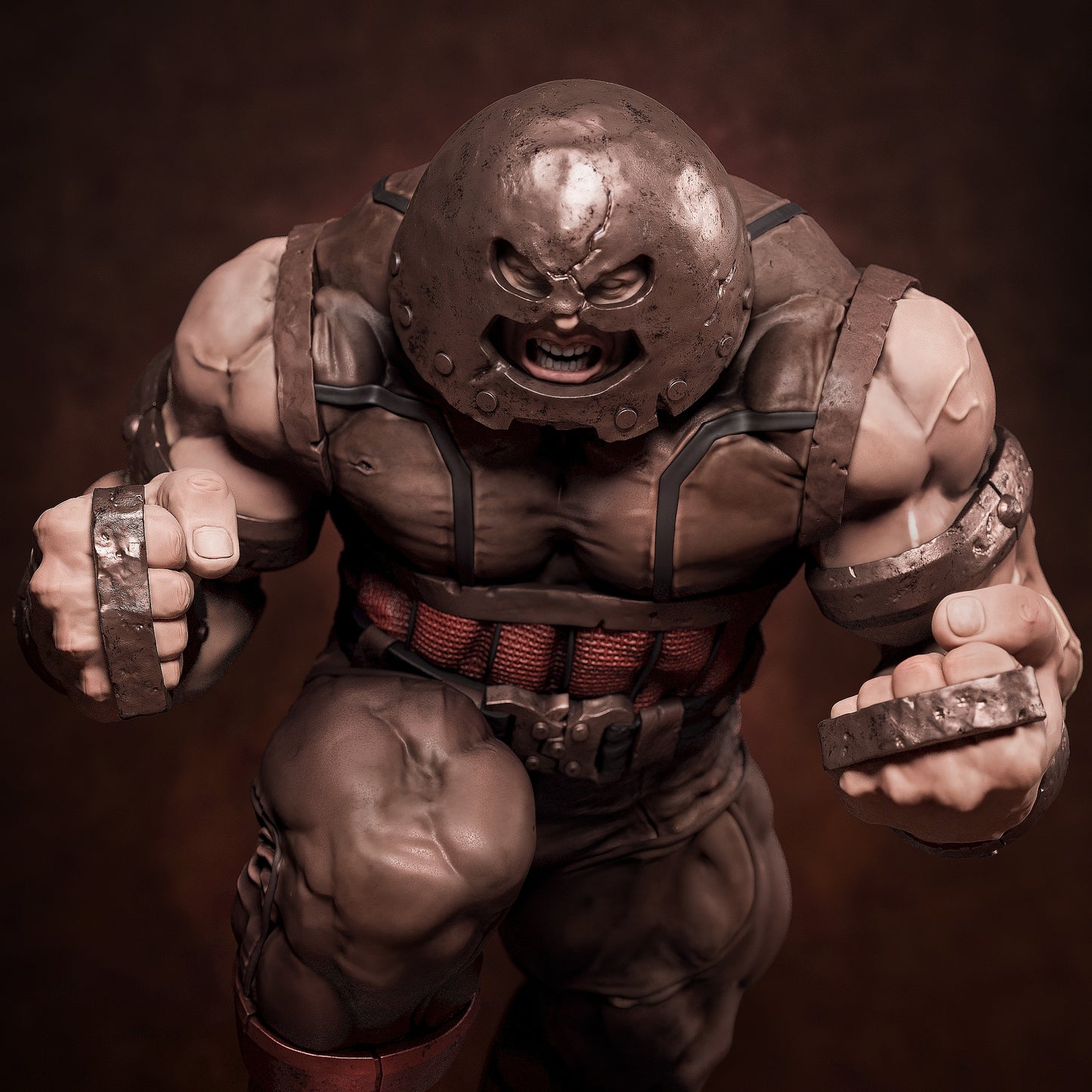 Close-up of painted Juggernaut collectible's face and torso, showing detailed helmet, screaming expression, and clenched fists.