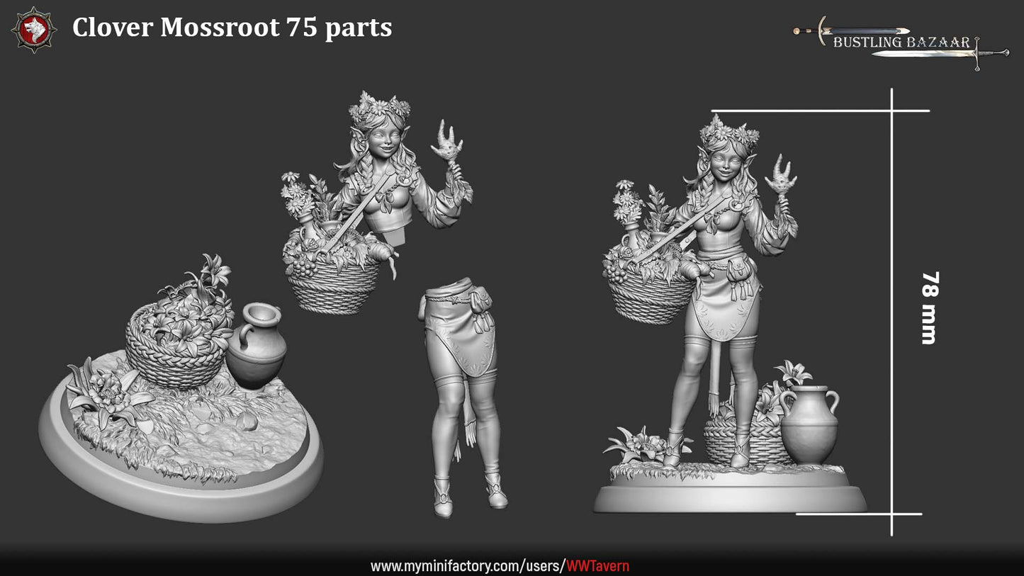 Clover Mossroot gnome herbalist NPC miniature holding basket of herbs and flowers