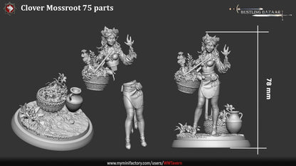 Clover Mossroot gnome herbalist NPC miniature holding basket of herbs and flowers