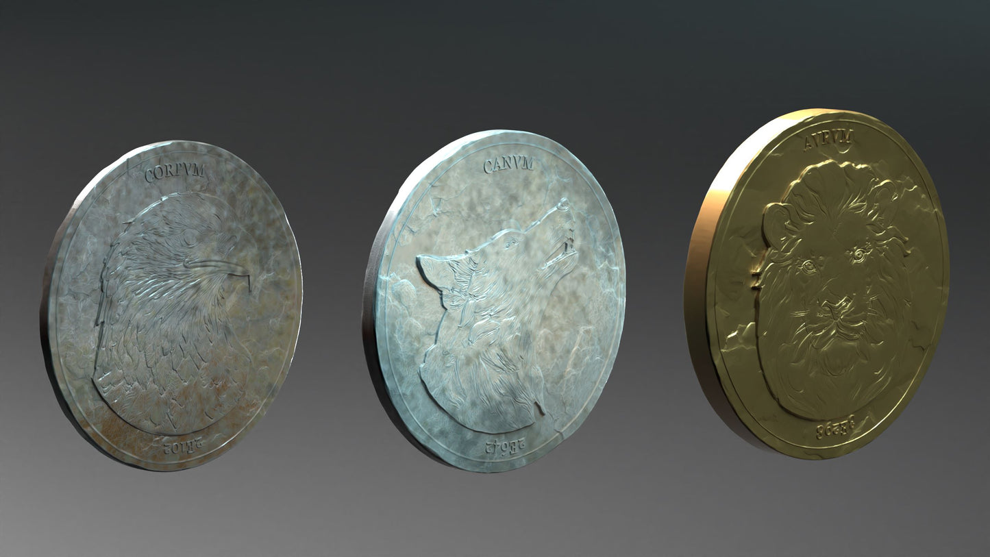 Back view of the Baldur currency set showing three coins—gold, silver, and copper—each engraved with an animal motif: an eagle, a wolf, and a lion. Ideal for fantasy tabletop settings as an immersive prop for Dungeons & Dragons or Pathfinder.