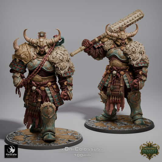 Oni Colossus miniature group image showing two poses side by side on 100mm bases with armored oni warrior details