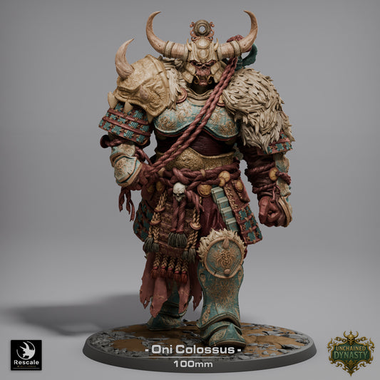 Oni Colossus miniature front view on 100mm base wearing heavy oni samurai armor horned helmet and skull-decorated belt
