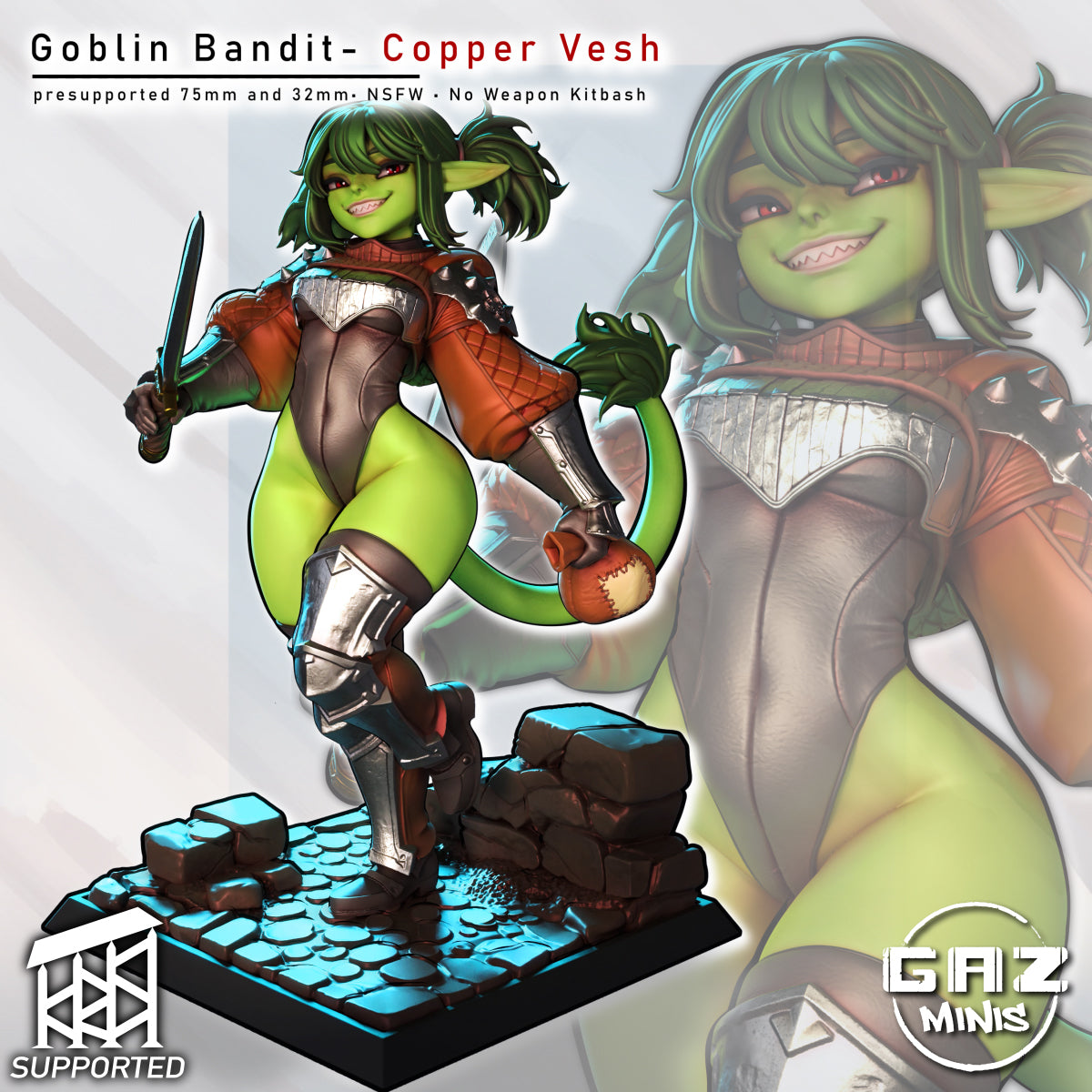 Goblin bandit miniature Copper Vesh running with dagger raised, female goblin rogue with tail, armored boots, stitched bodysuit, and smirking expression on cobblestone base