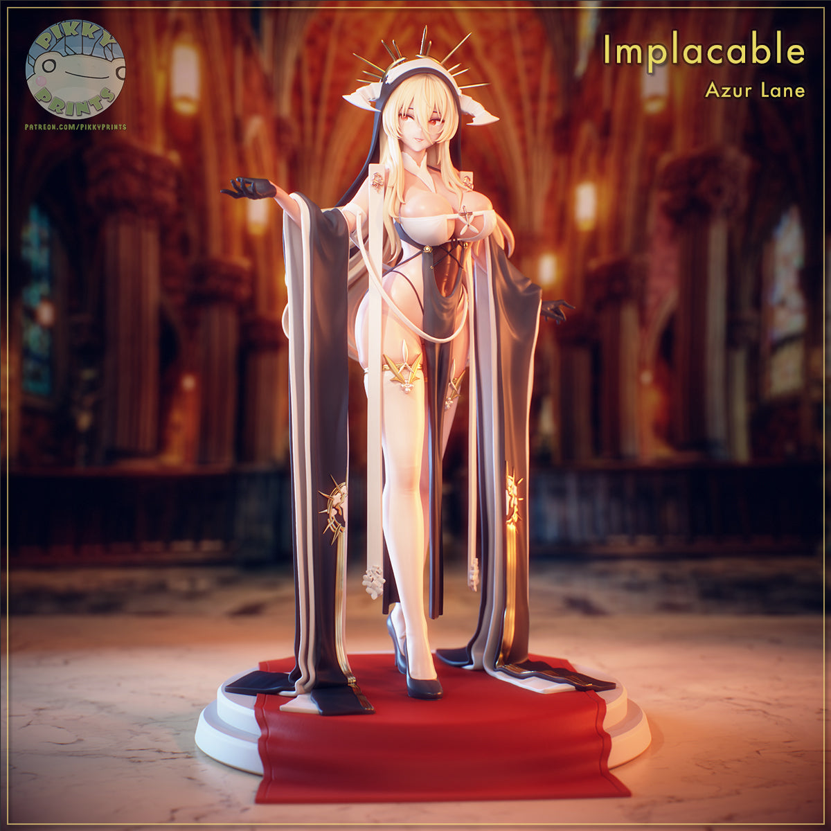 Implacable Azur Lane figure front view with halo crown, flowing sleeves, standing pose on round base