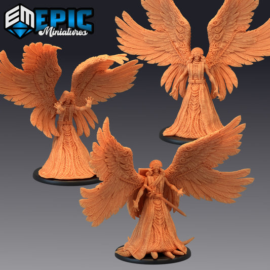 Three variants of the Corrupted Seraphim showing different stances of the intricate wing and robe designs, enhancing its dark, divine nature.