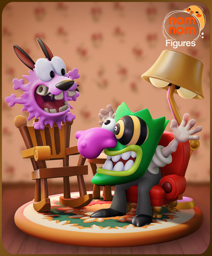 Chibi Courage the Cowardly Dog collectible figure color render showing vibrant cartoon styling, exaggerated facial expressions, living room diorama elements, and polished display composition