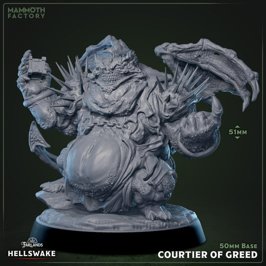 Courtier of Greed miniature depicting a Paeliryon devil with an enormous bloated body, clawed limbs, and a grotesque face adorned with horns and chains, holding a cube in one claw and standing on a 50mm base.