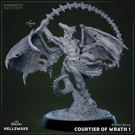 Courtier of Wrath 1 – Chain Devil miniature with wings spread wide, wielding massive barbed chains in both hands, body wrapped in infernal bindings, standing on a rocky 50mm base.