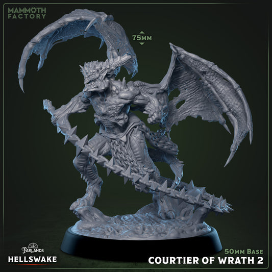 Courtier of Wrath 2 – Chain Devil miniature posed for combat with spiked chains extended, muscular body scarred and wrapped in metal links, bat-like wings unfurled, on a 50mm base.