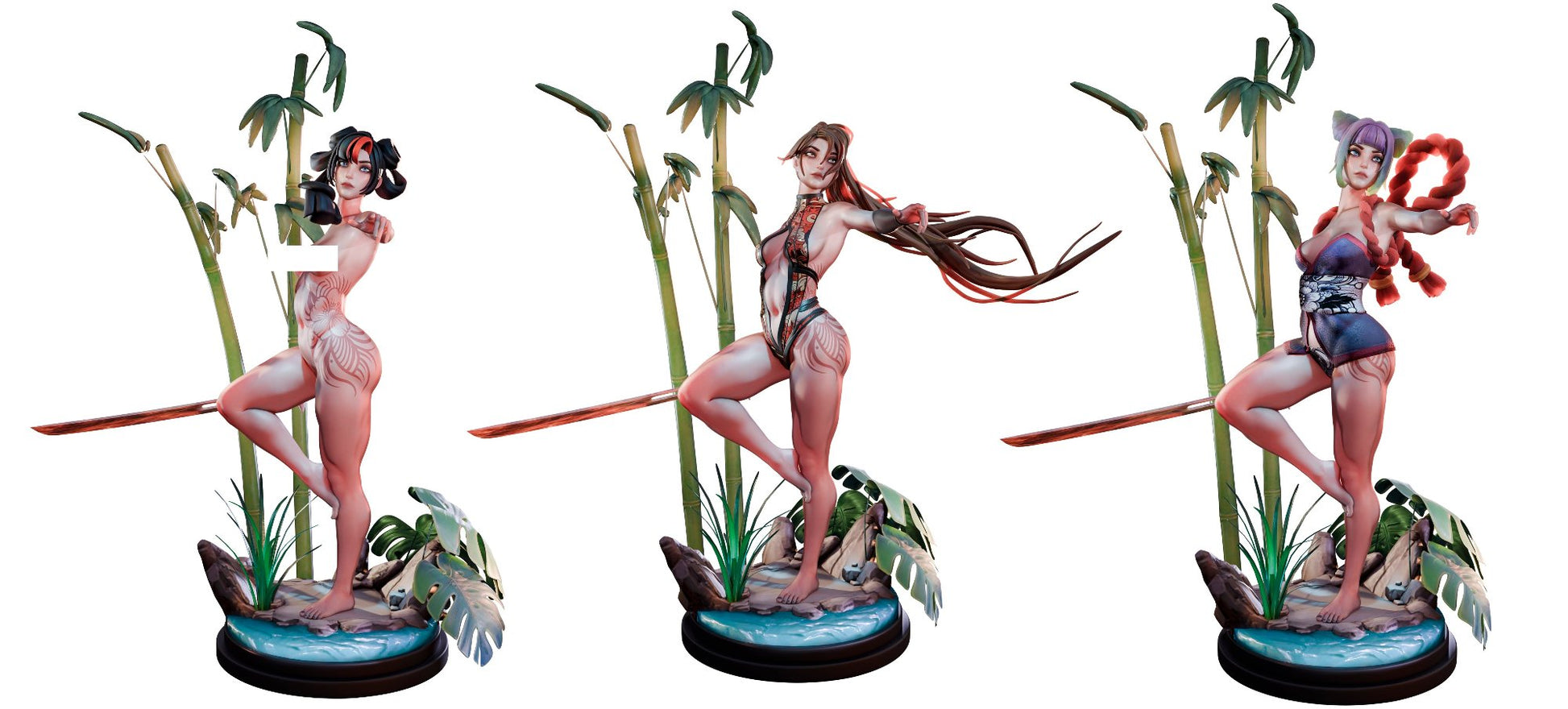 A 3D-printed modular model for tabletop RPGs, featuring a female figure with intricate tattoos, holding a sword, and posed amidst bamboo. The figure is customizable, suitable for games like Dungeons & Dragons and Pathfinder.