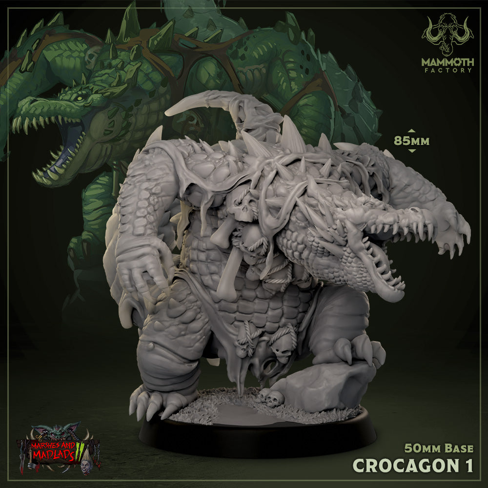 A large reptilian creature with a spiked hide, standing on a 50mm base. It has an armored head with a menacing open mouth, skull decorations hanging from its body, and rugged skin textures. Its front limbs are powerful, and it appears ready to pounce.