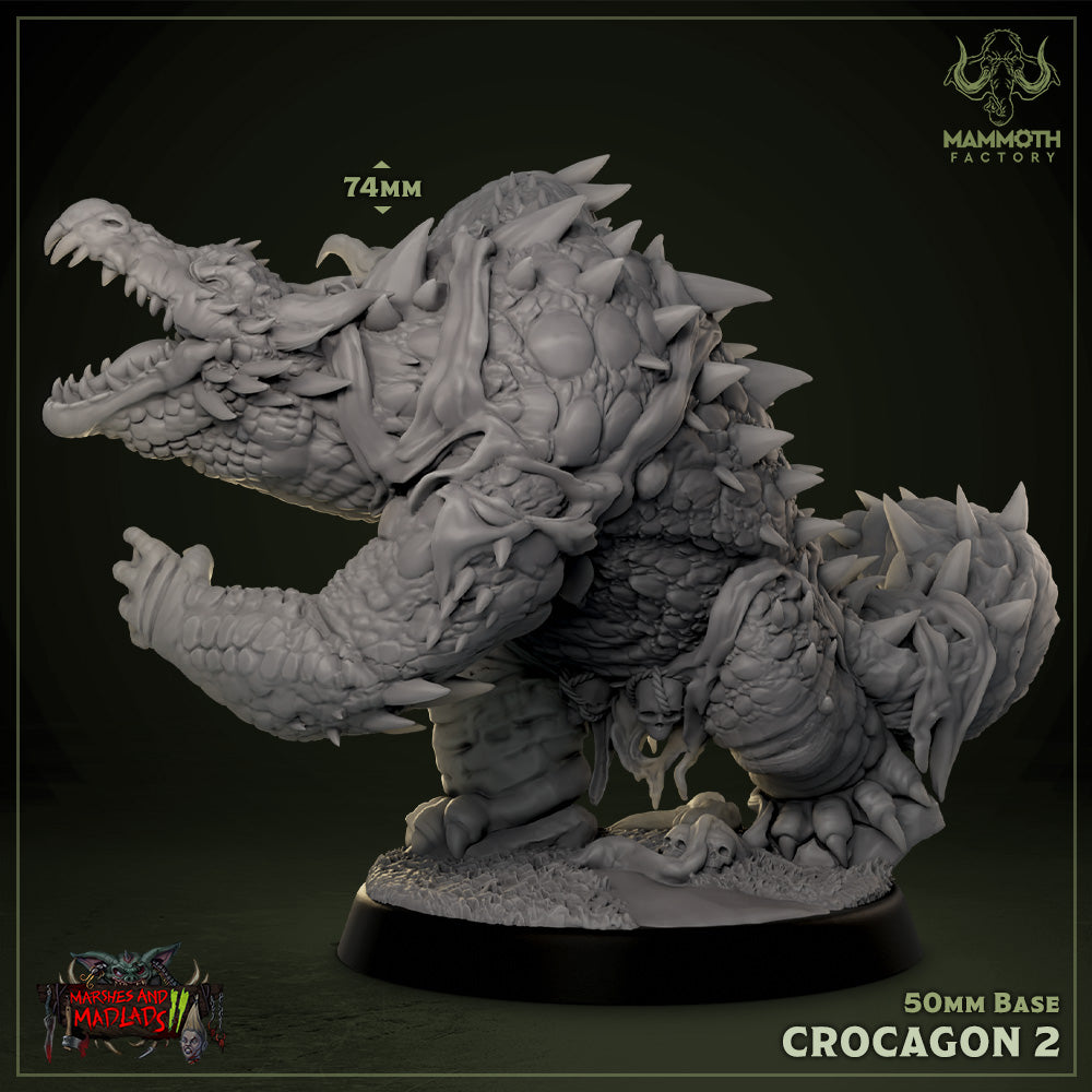  A massive, spiked reptilian creature on a 50mm base, featuring thick scales and a powerful stance. It displays an aggressive posture with its mouth open wide, showing sharp teeth. The model is heavily textured with spikes and scales.