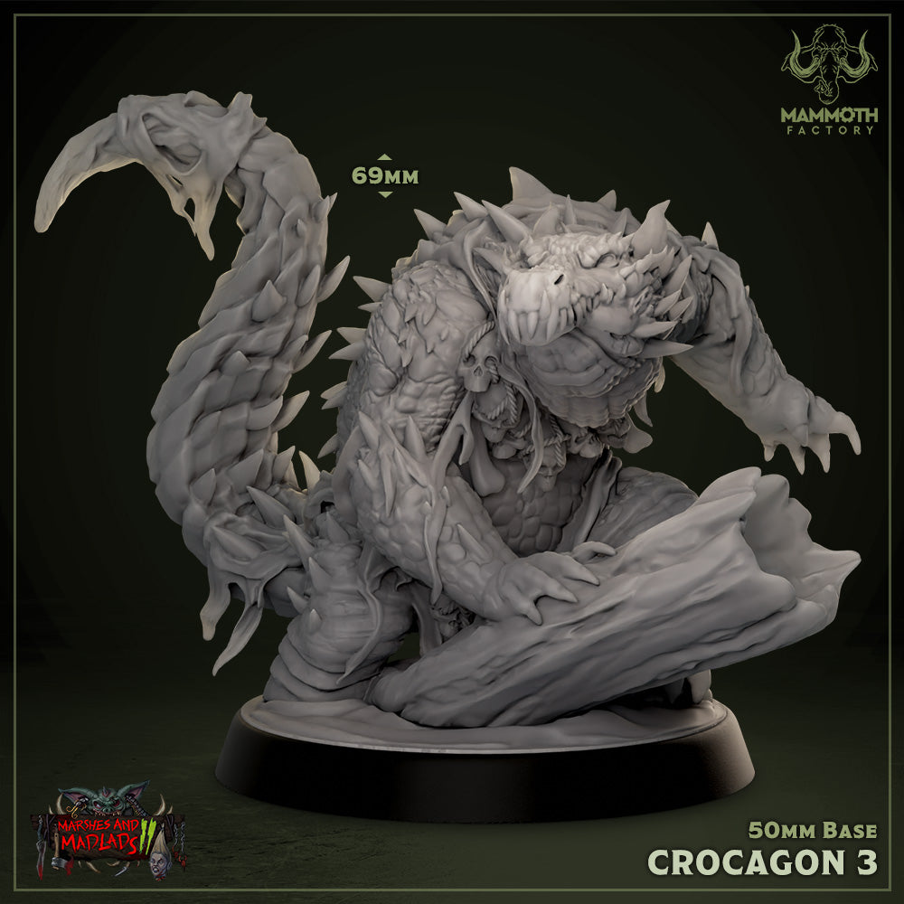 A fierce reptilian beast on a 50mm base with a coiled tail and a heavily armored body. Its head is decorated with bone fragments and spikes, adding a fearsome appearance. The creature is posed low to the ground, ready to strike.