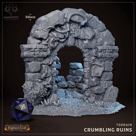 Crumbling Ruins terrain piece, 32mm scale, designed as scatter terrain for fantasy RPGs, featuring a broken stone archway with detailed vines and rubble, ideal for games like Dungeons & Dragons.