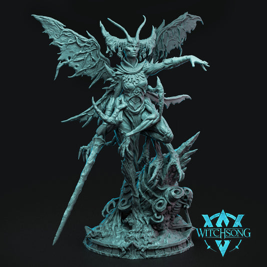 Cryptid Queen eldritch demon matriarch miniature full figure with multi-limbed body, long staff, sculpted wings, and creature-themed base