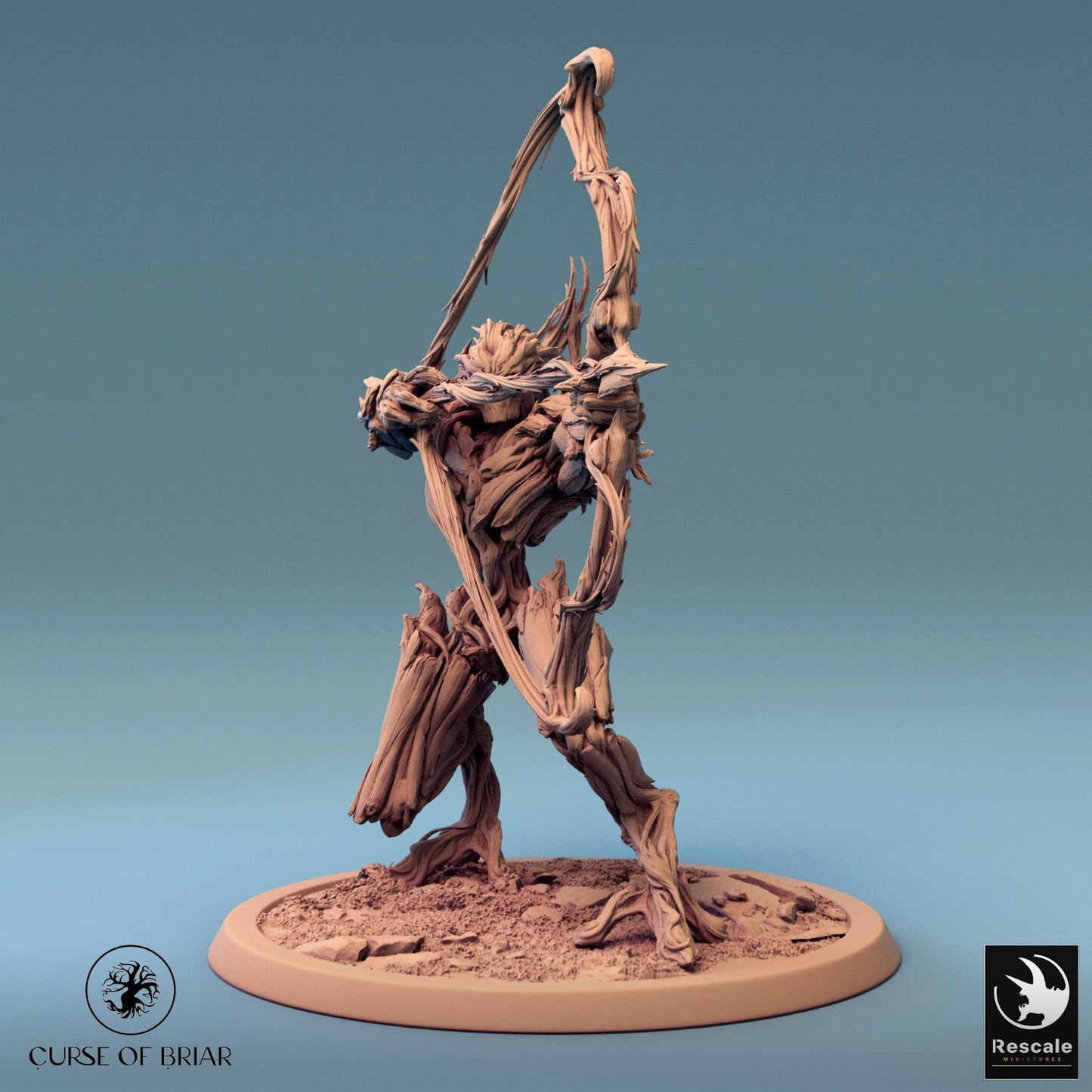 Branchblade Barkclad crouched with a branch-like bow, aiming, showcasing intricate wooden details and clawed limbs.