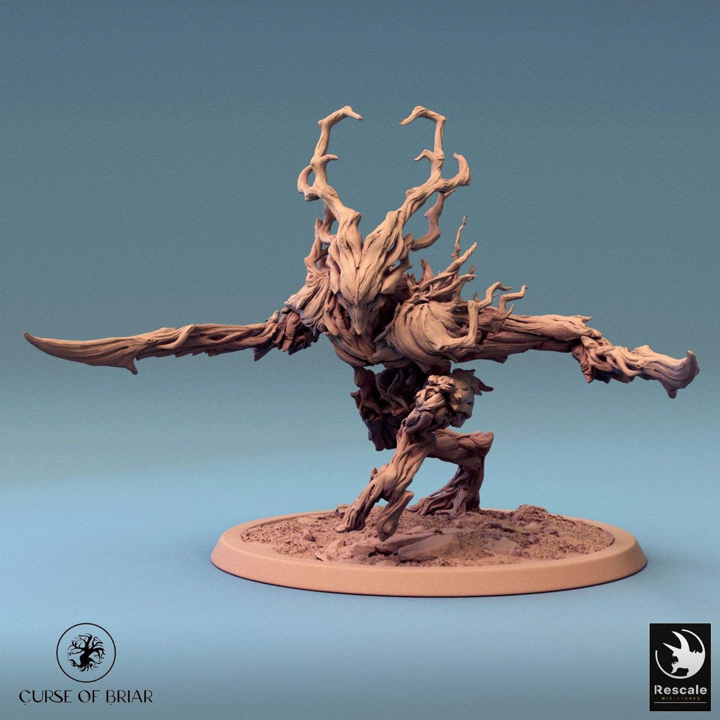 Branchblade Barkclad wielding twin branch blades in an aggressive stance, with intricate wooden armor and menacing posture.