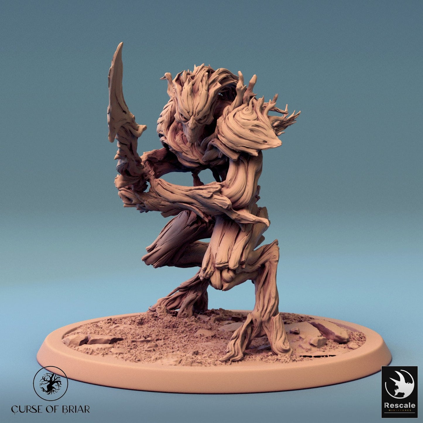 "Branchblade Barkclad with branches protruding from its head and back, holding a blade, in a focused combat-ready posture.