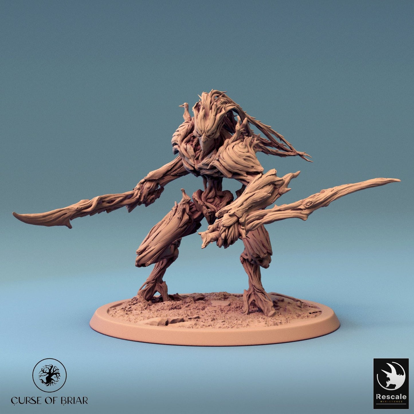 Branchblade Barkclad wielding twin branch blades in an aggressive stance, with intricate wooden armor and menacing posture.