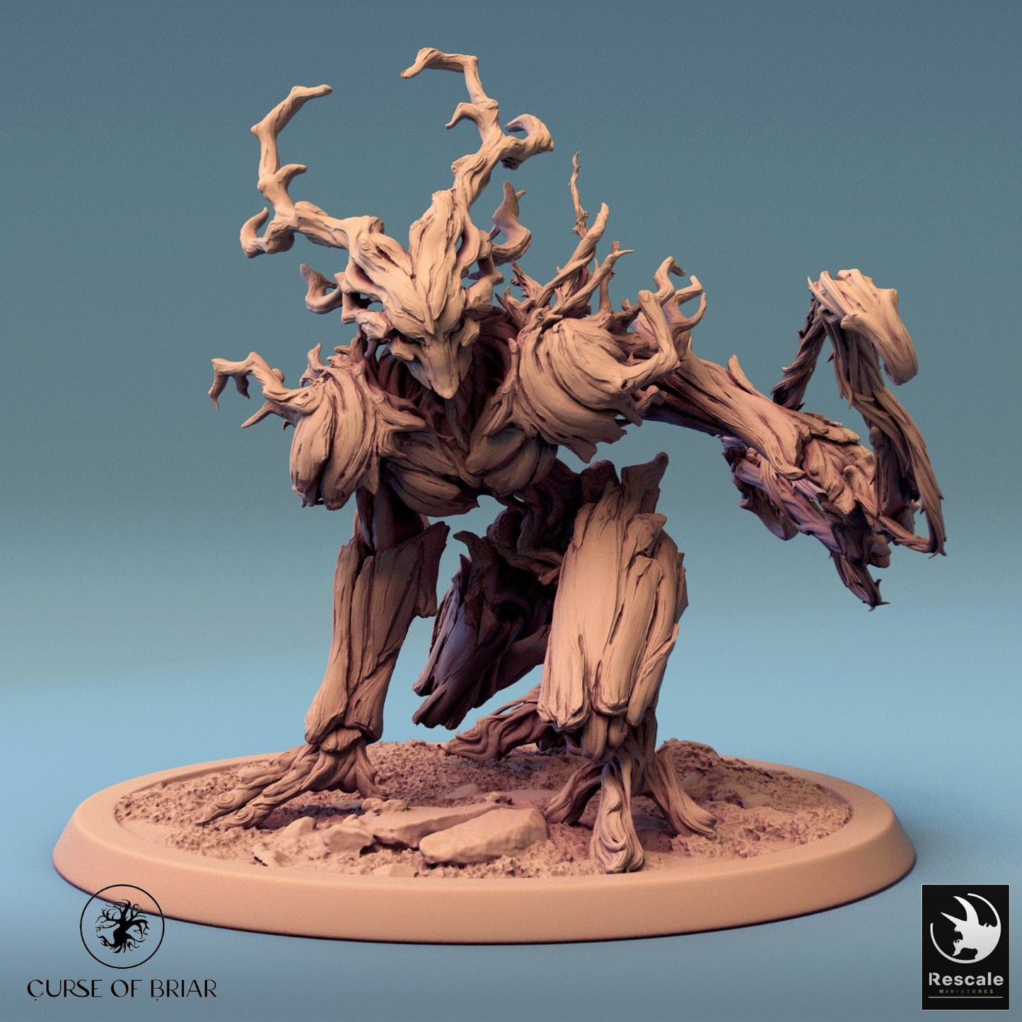 Branchblade Barkclad with antler-like branches and extended arms holding a bow, in a dynamic crouching position, appearing ready for combat.