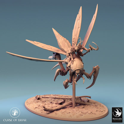 A mounted version of Fyrionis, depicting a twisted rider holding a staff atop the giant insectoid beast, ideal for adding menace to any dark TTRPG.