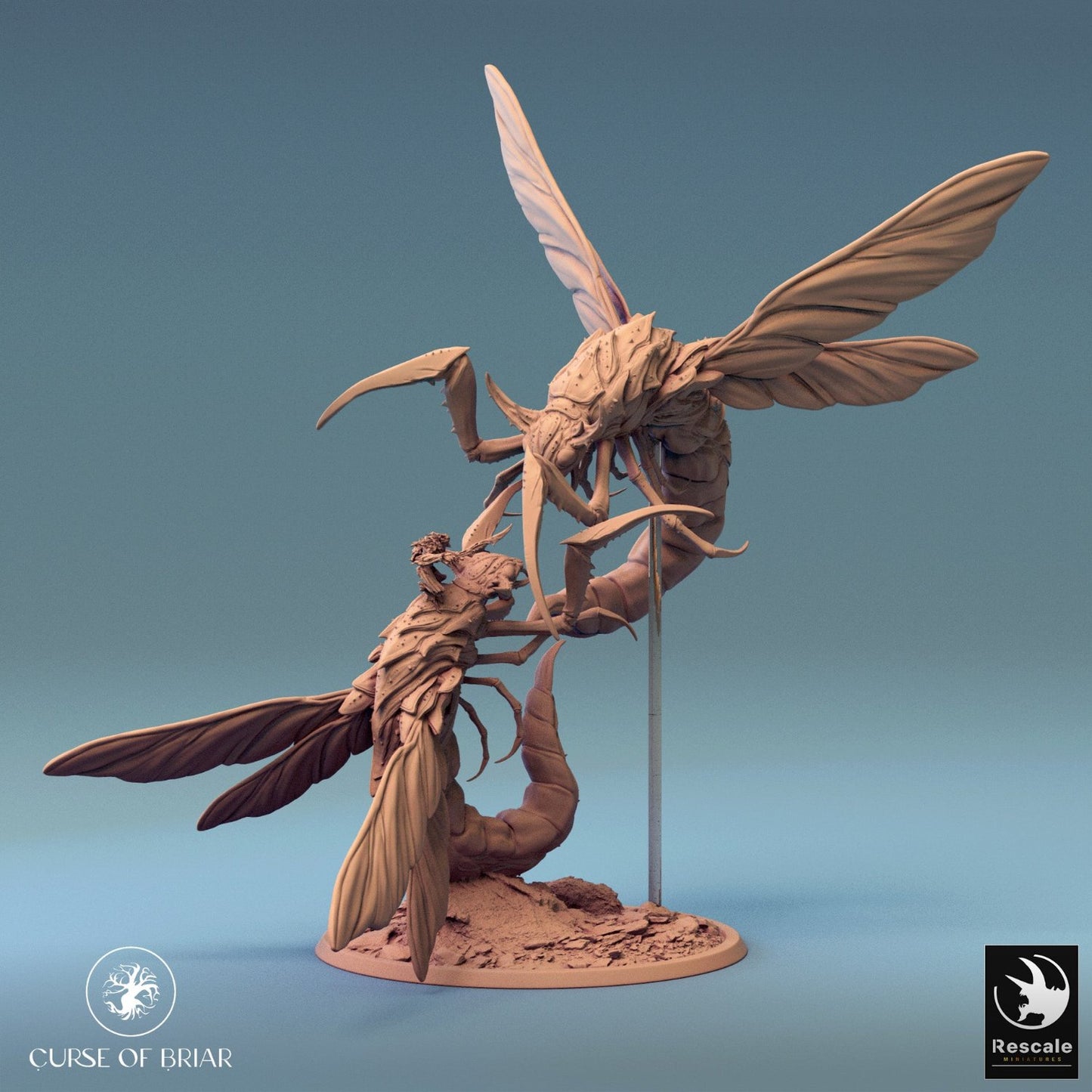 The Sky Cutter engaged in battle with its rider holding onto the insect's back, capturing the ferocity of a giant insect mount in your dark fantasy tabletop encounters.