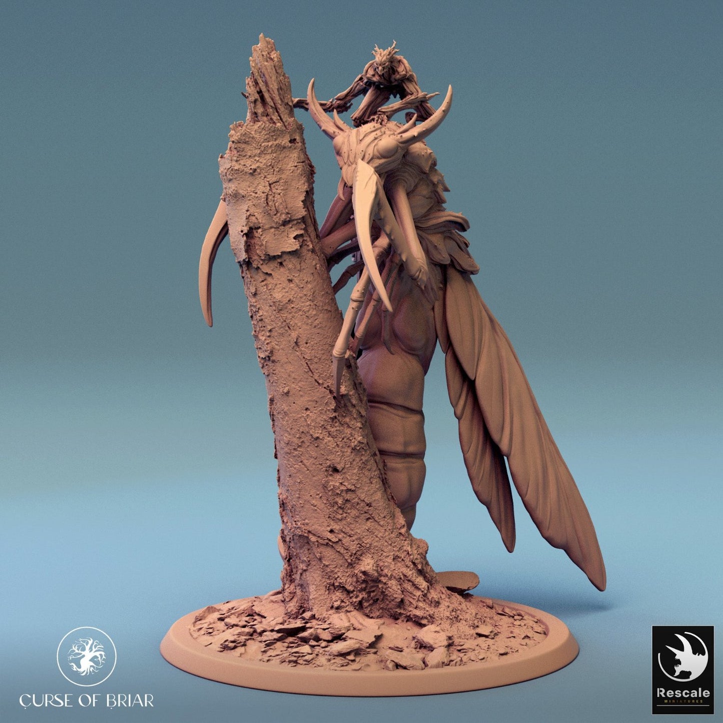 The Sky Cutter perched alongside a textured tree trunk with a rider on top, showcasing the symbiosis between insect and forest, adding nature's darker side to your D&D game.