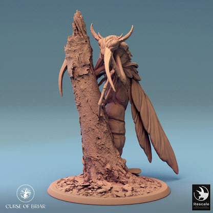 The Sky Cutter perched alongside a textured tree trunk, showcasing the symbiosis between insect and forest, adding nature's darker side to your D&D game.