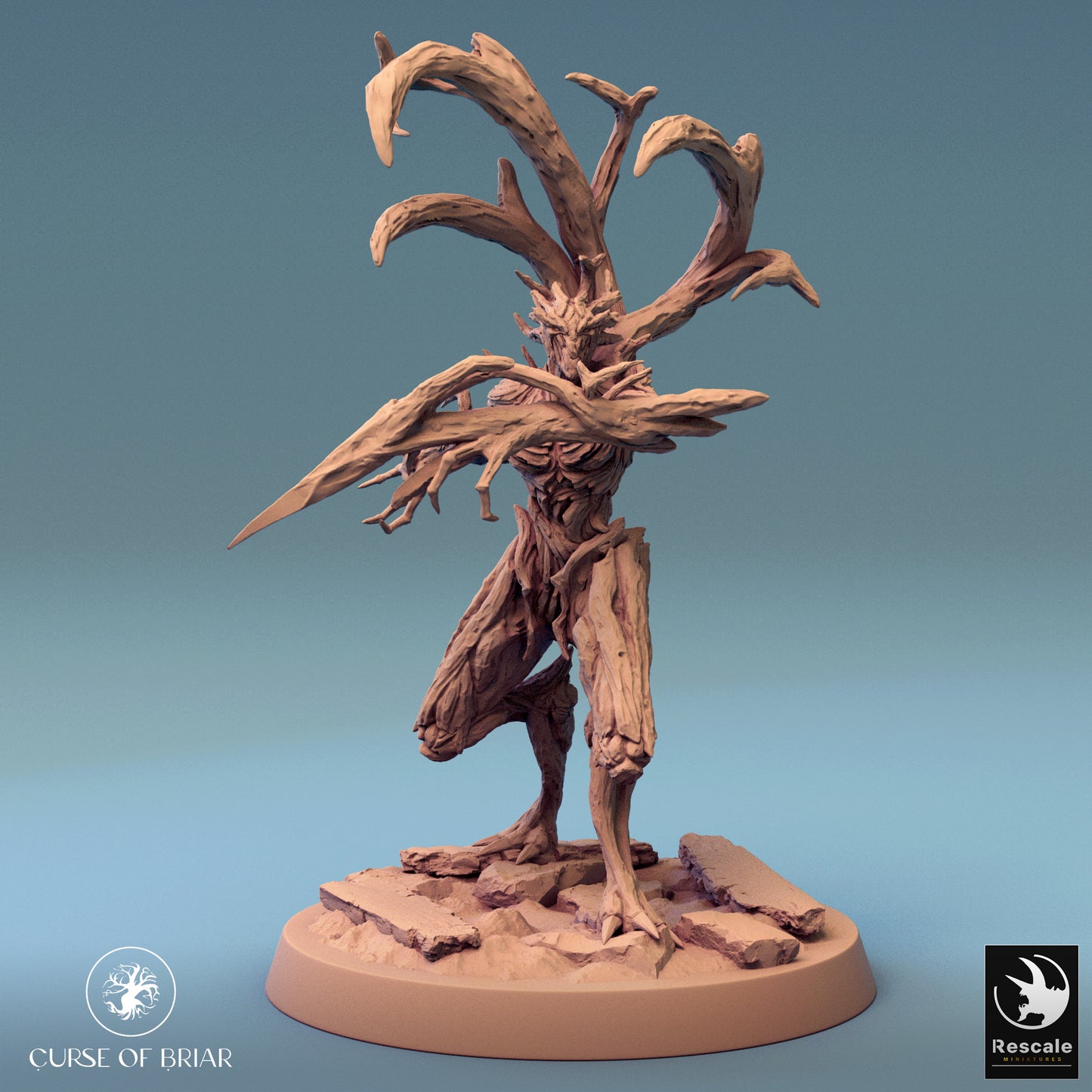 Wood Fey standing tall with thorny arms in a no-nonsense pose, like it's considering how to handle adventurers stepping on its lawn.