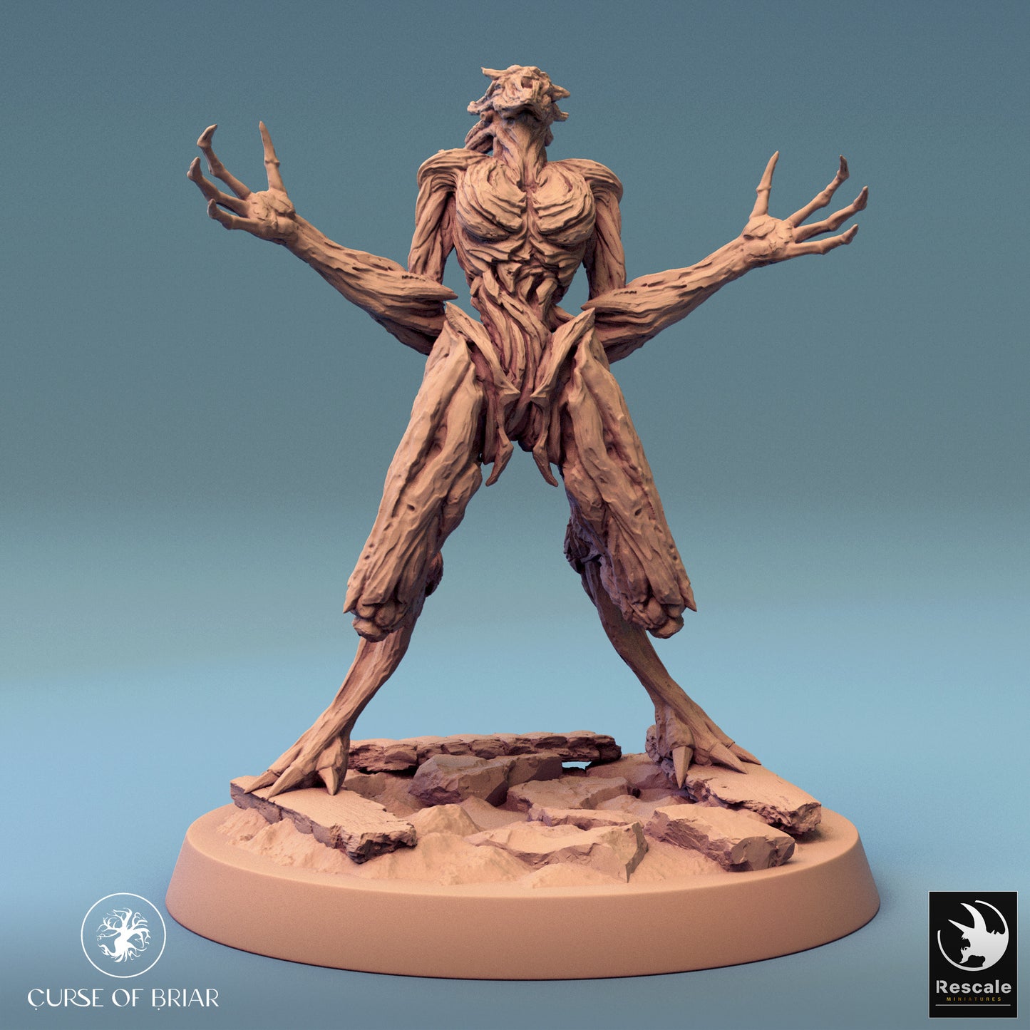 A detailed wood fey creature standing tall with extended claws, poised on a cracked rocky base.