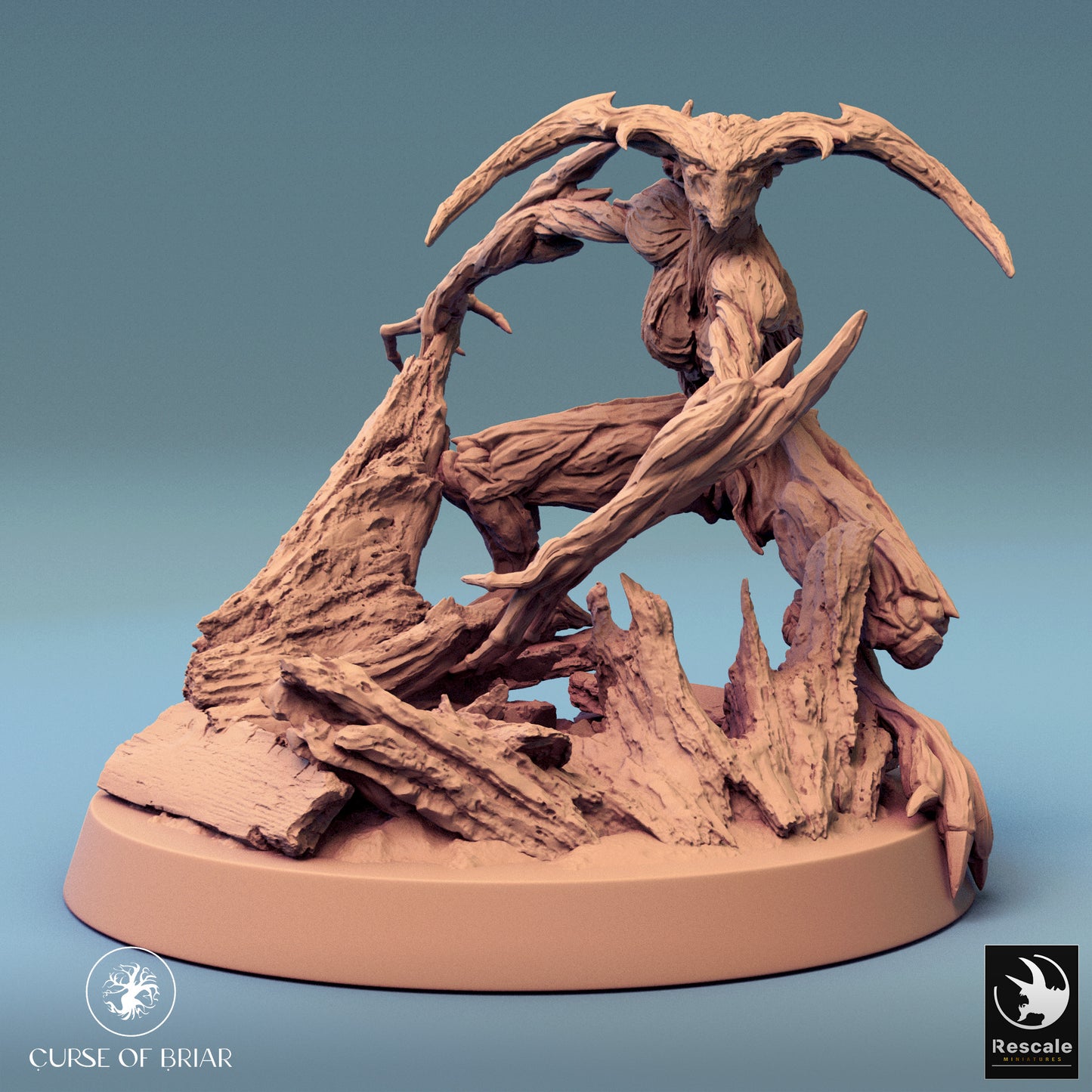 A defensive wood fey standing firm, claws curved and horns framing its head, atop a jagged rock base.