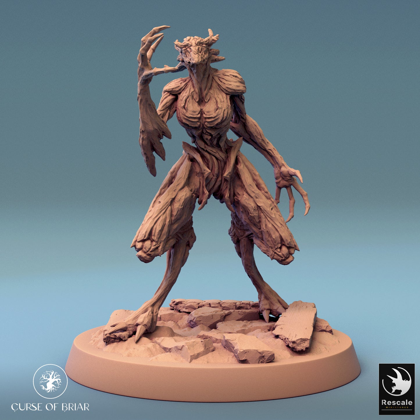 A stalking wood fey with a predatory stance, claws extended as it moves on a jagged terrain base.