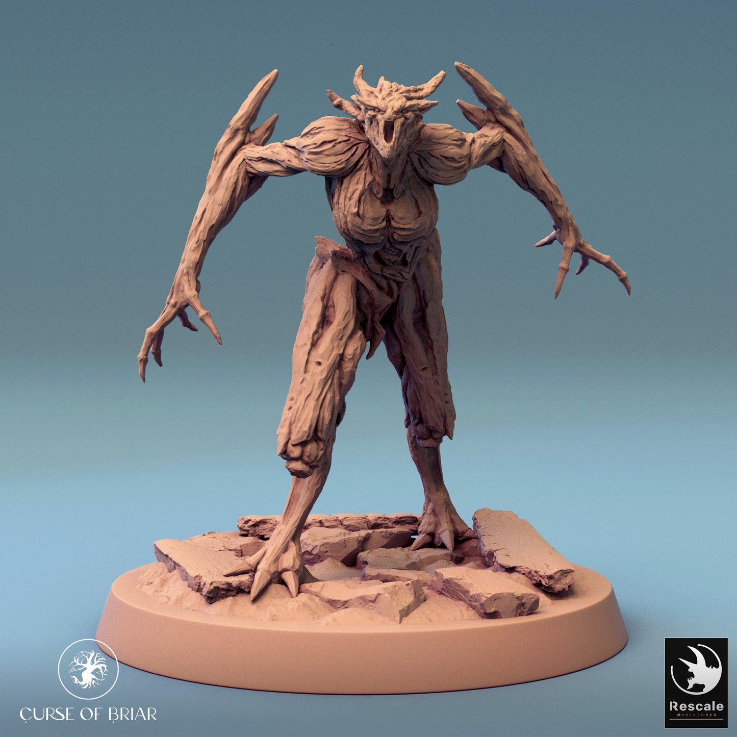 A detailed wood fey creature standing tall with extended claws, poised on a cracked rocky base.