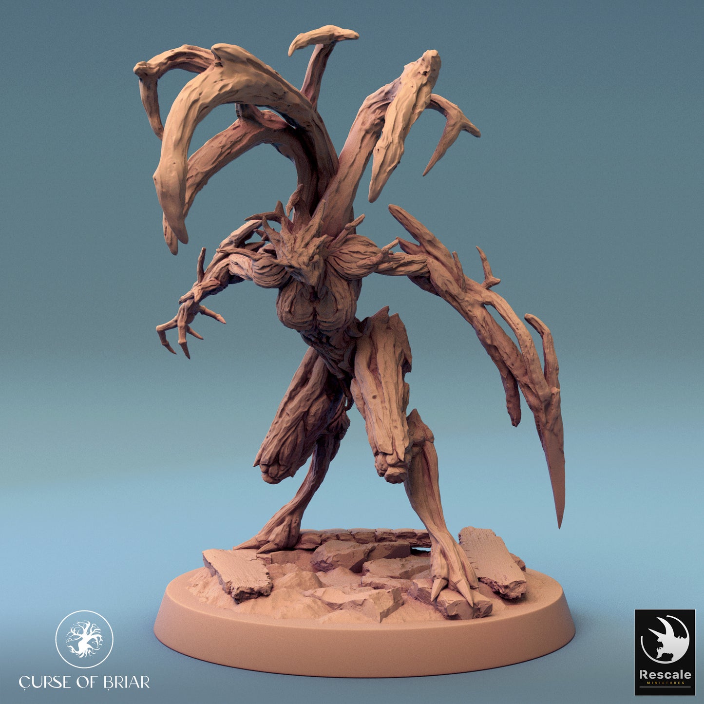 Wood Fey heavy version with larger branched horns, holding out a large bark claw—ideal for adding a more intimidating fey to your tabletop RPG setup.