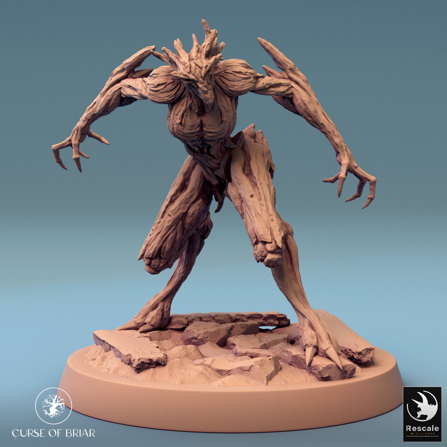 A crouched wood fey in an aggressive posture, ready to pounce from its rocky base.