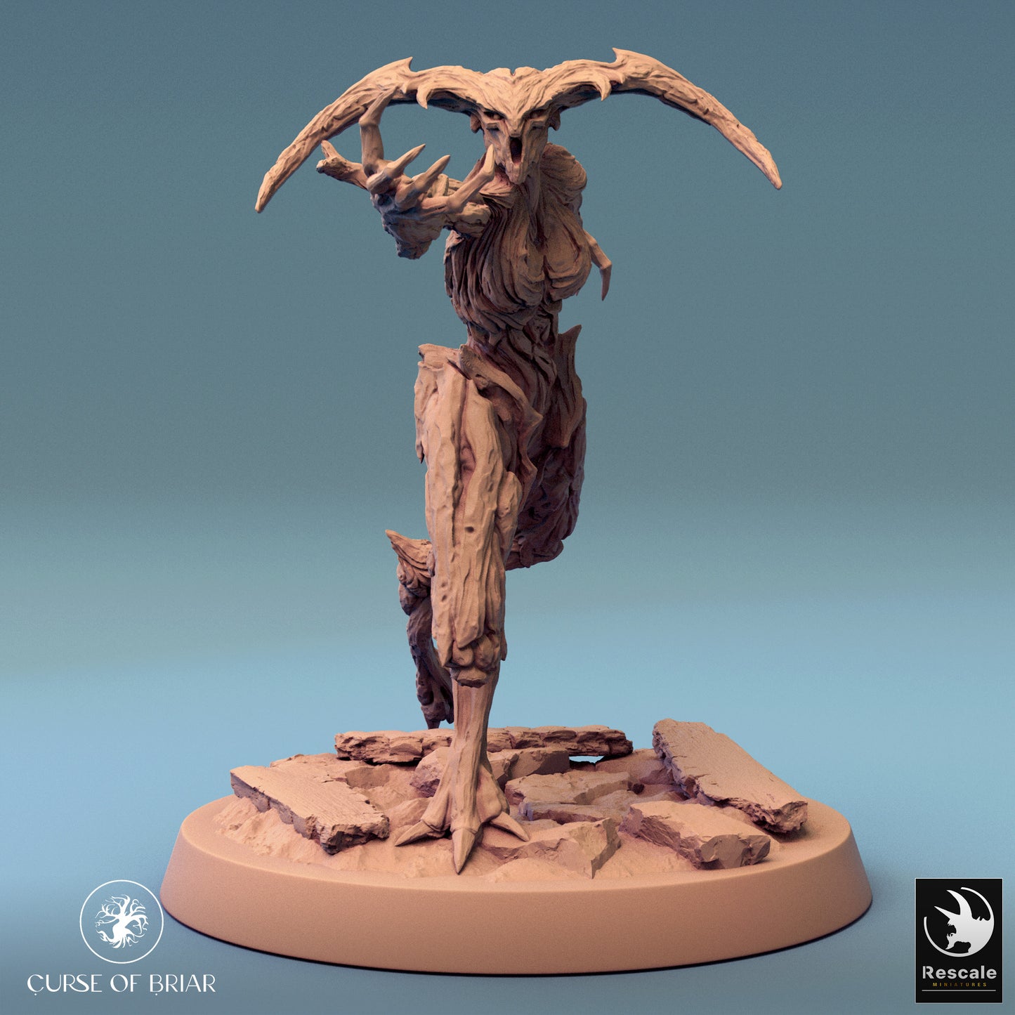 A wood fey with its arm extended in a commanding point, body poised for action on a rocky terrain base.