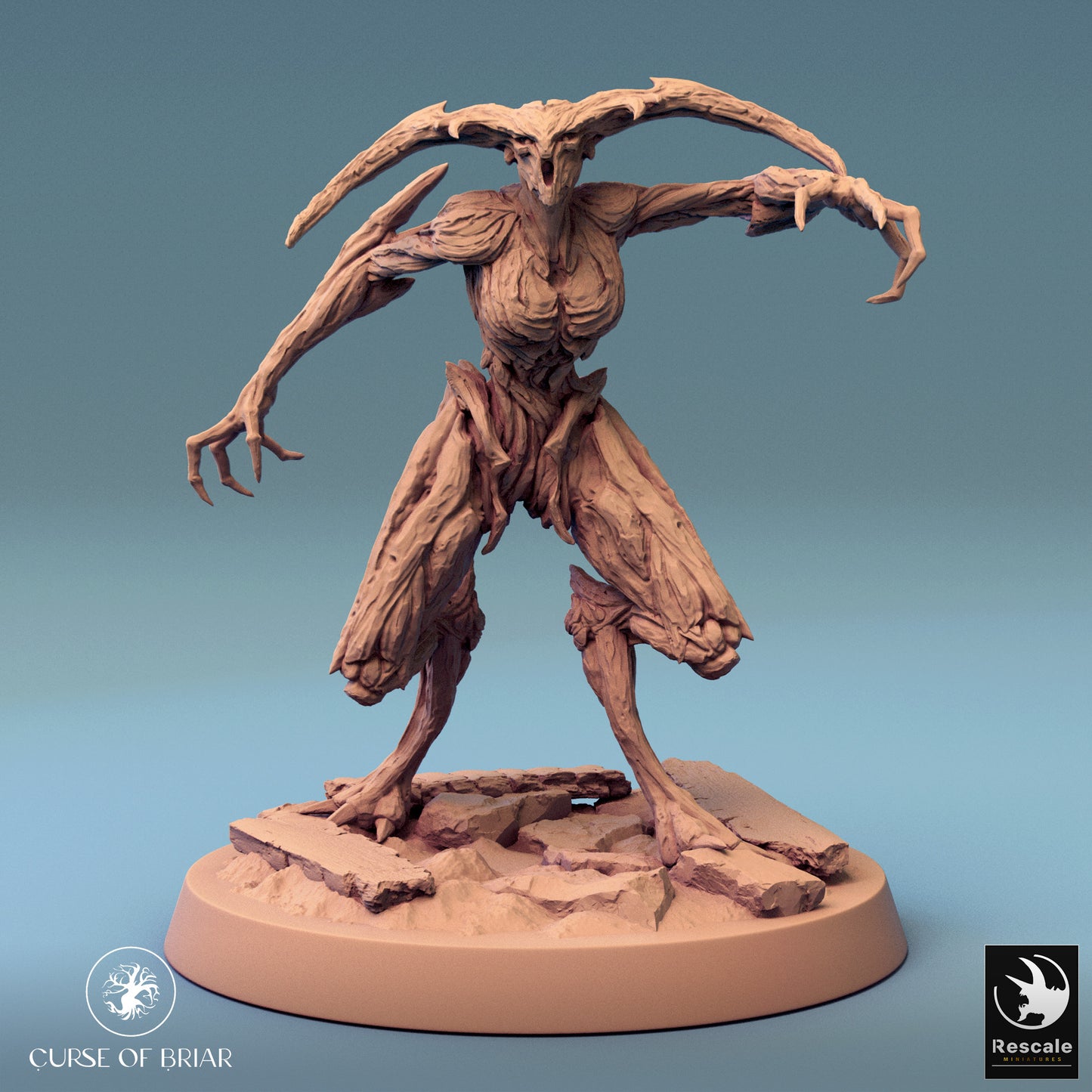  A stalking wood fey with a predatory stance, claws extended as it moves on a jagged terrain base.