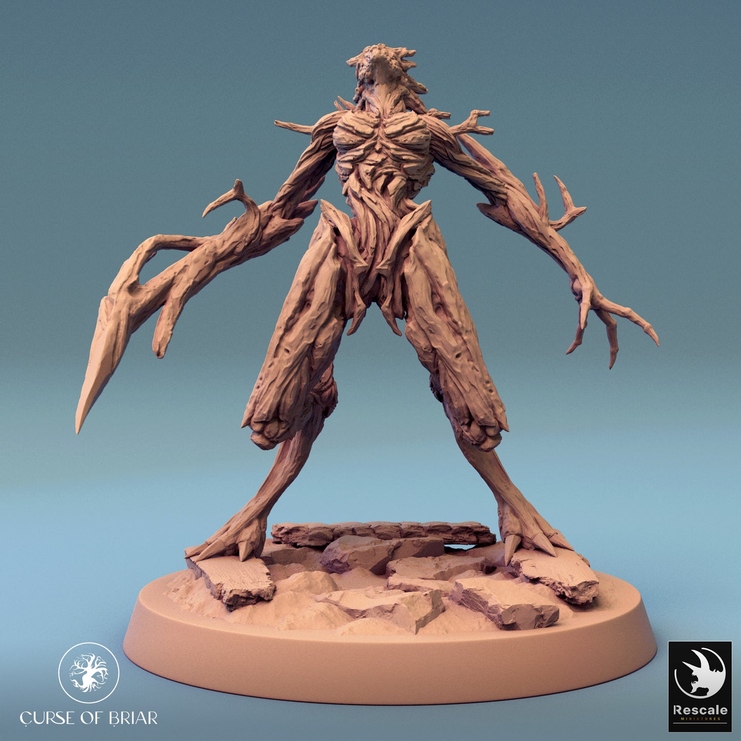 The Wood Fey stands with an imposing aura, brandishing claw-like appendages. Is it angry, or is that just its default face? Perfect for a Pathfinder encounter where nothing says 'nature's fury' like angry twigs.