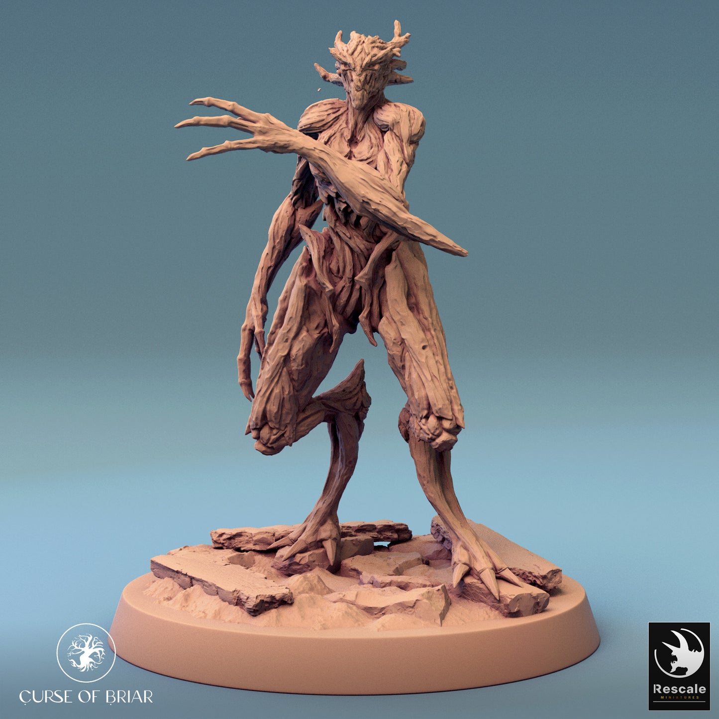 Upright Wood Fey figure with a powerful stance, arms raised in eerie defiance.