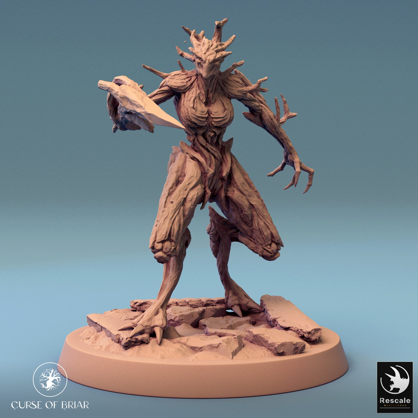 This Wood Fey pointing it's spiked arm, ready to smack anyone who doesn’t respect nature. TTRPG fans will love this woodland menace in a heated combat scenario.