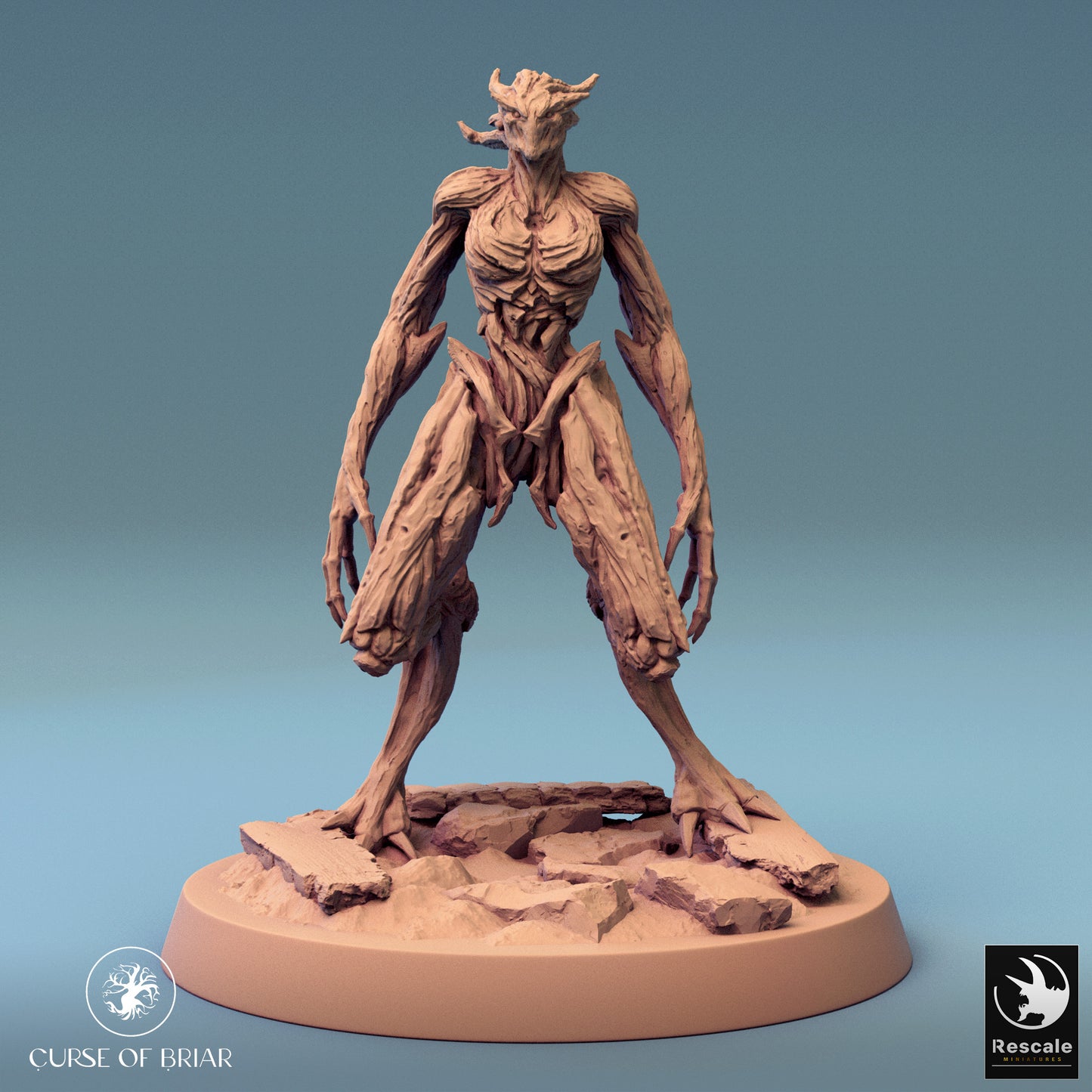 Upright Wood Fey figure with a powerful stance, arms raised in eerie defiance.