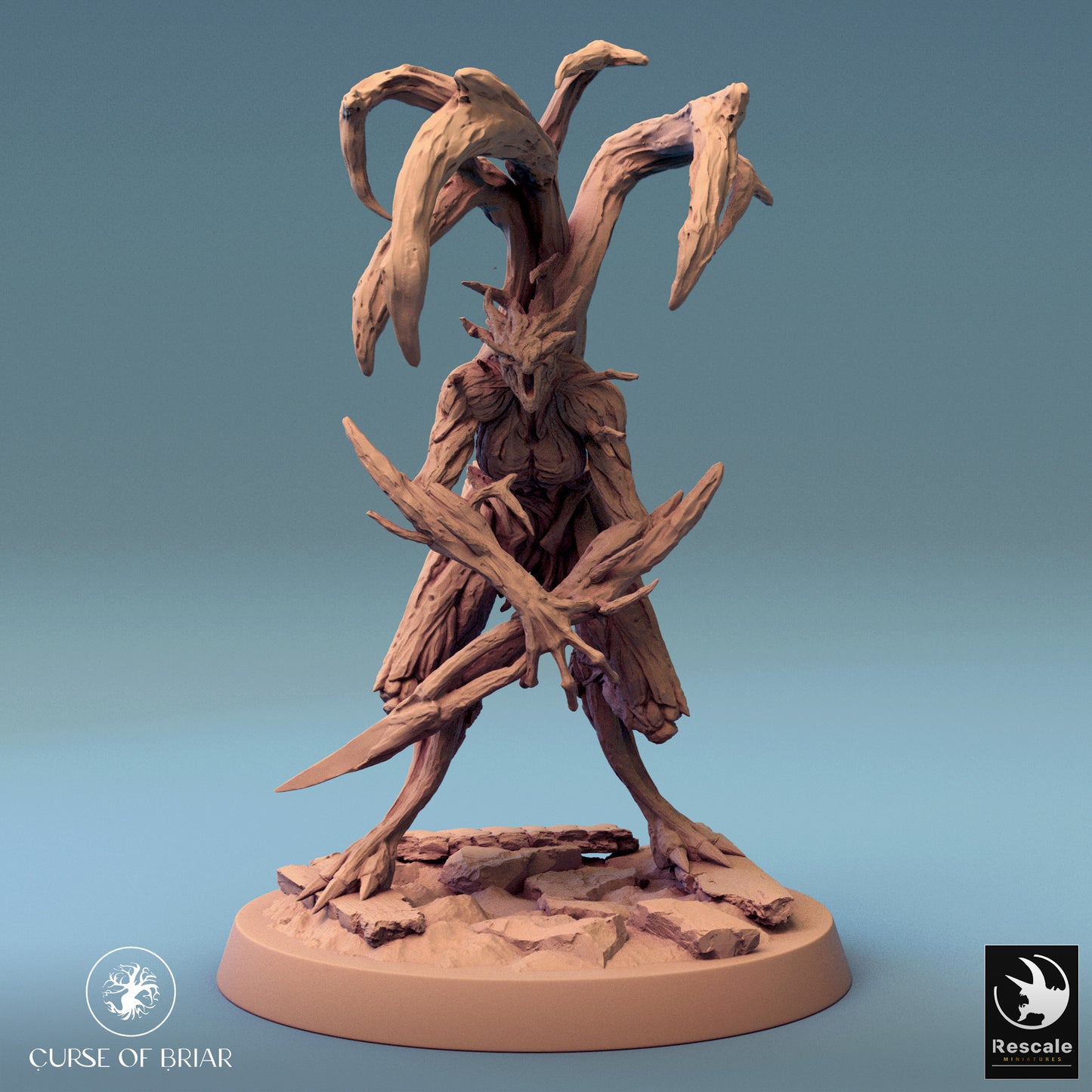 Front view of Wood Fey Heavy miniature, standing with one arm extended, showcasing twisted branches and a menacing stance.