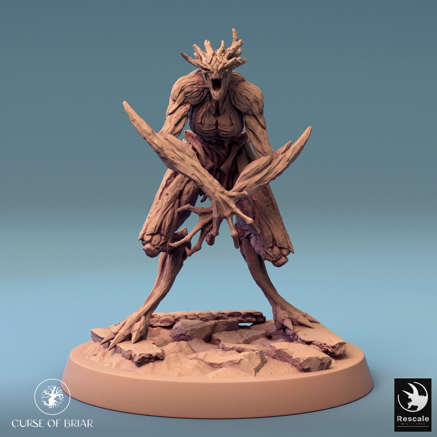 Snarling Wood Fey figure mid-warcry, its limbs twisted with primal rage.