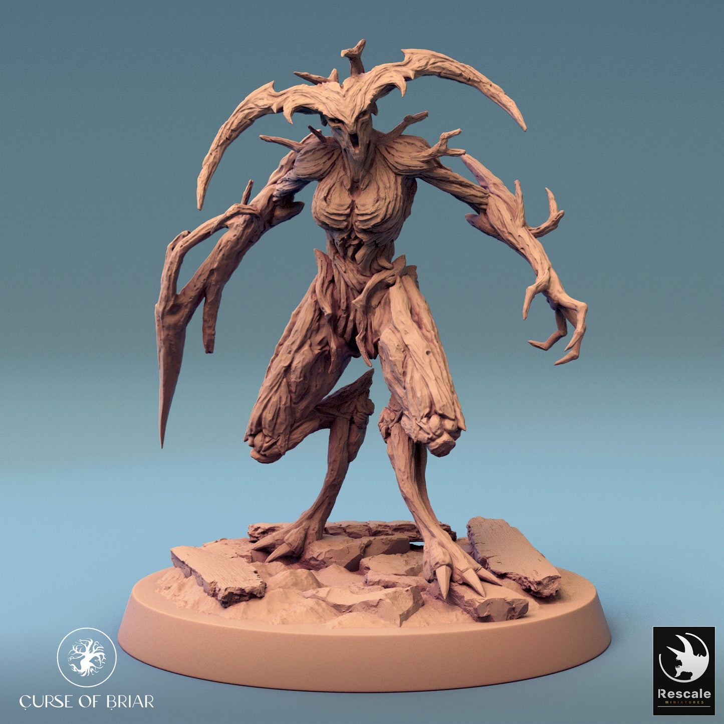 A Wood Fey in a confident stance, wielding a branch like it means business. Ready for an argument? This wooden entity certainly is! Great for dark fantasy settings like Dungeons & Dragons.