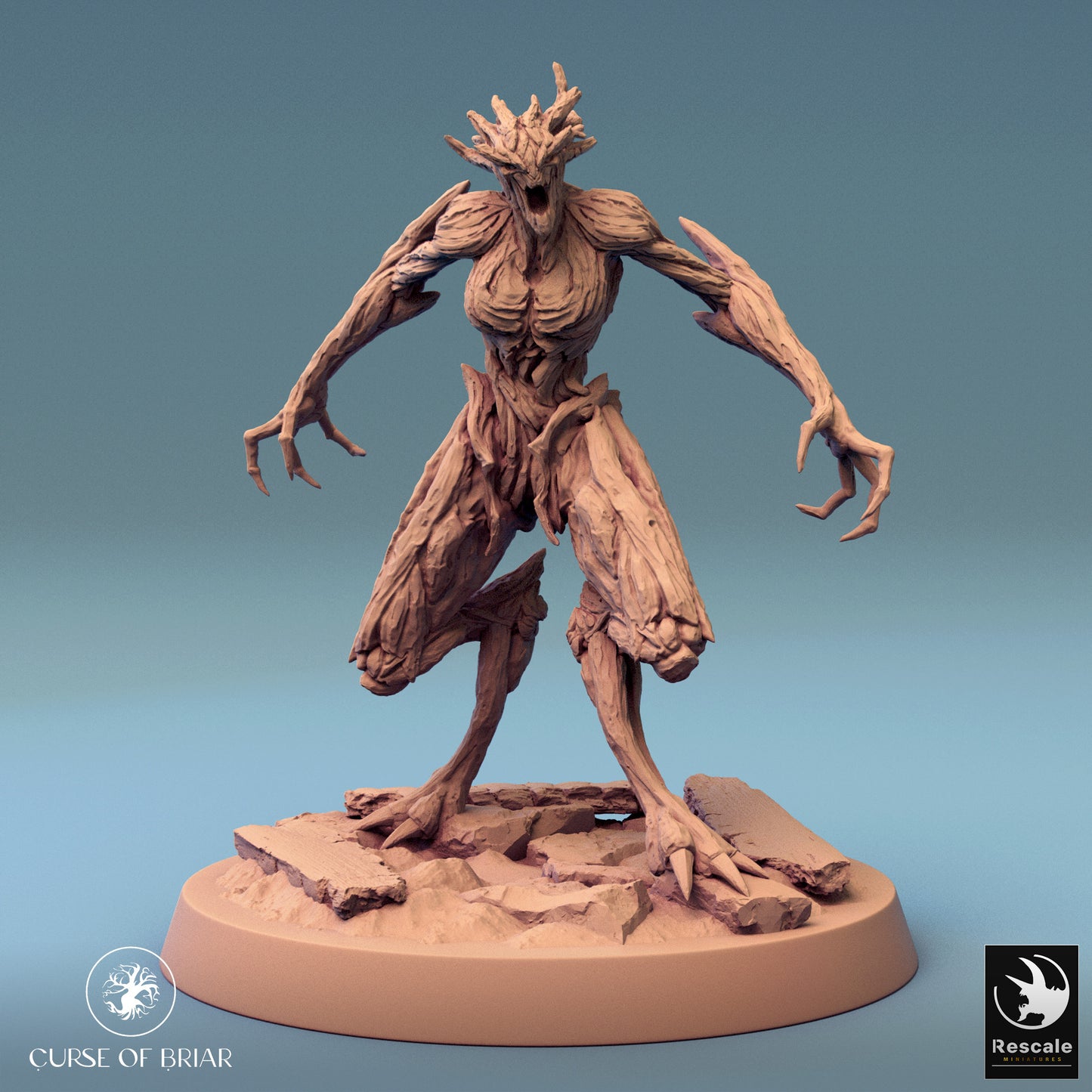 Tall and foreboding Wood Fey standing firm with clawed hands raised for defense.