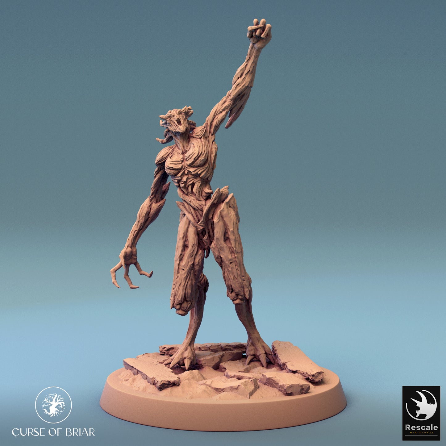 Upright Wood Fey figure with a powerful stance, arms raised in eerie defiance.