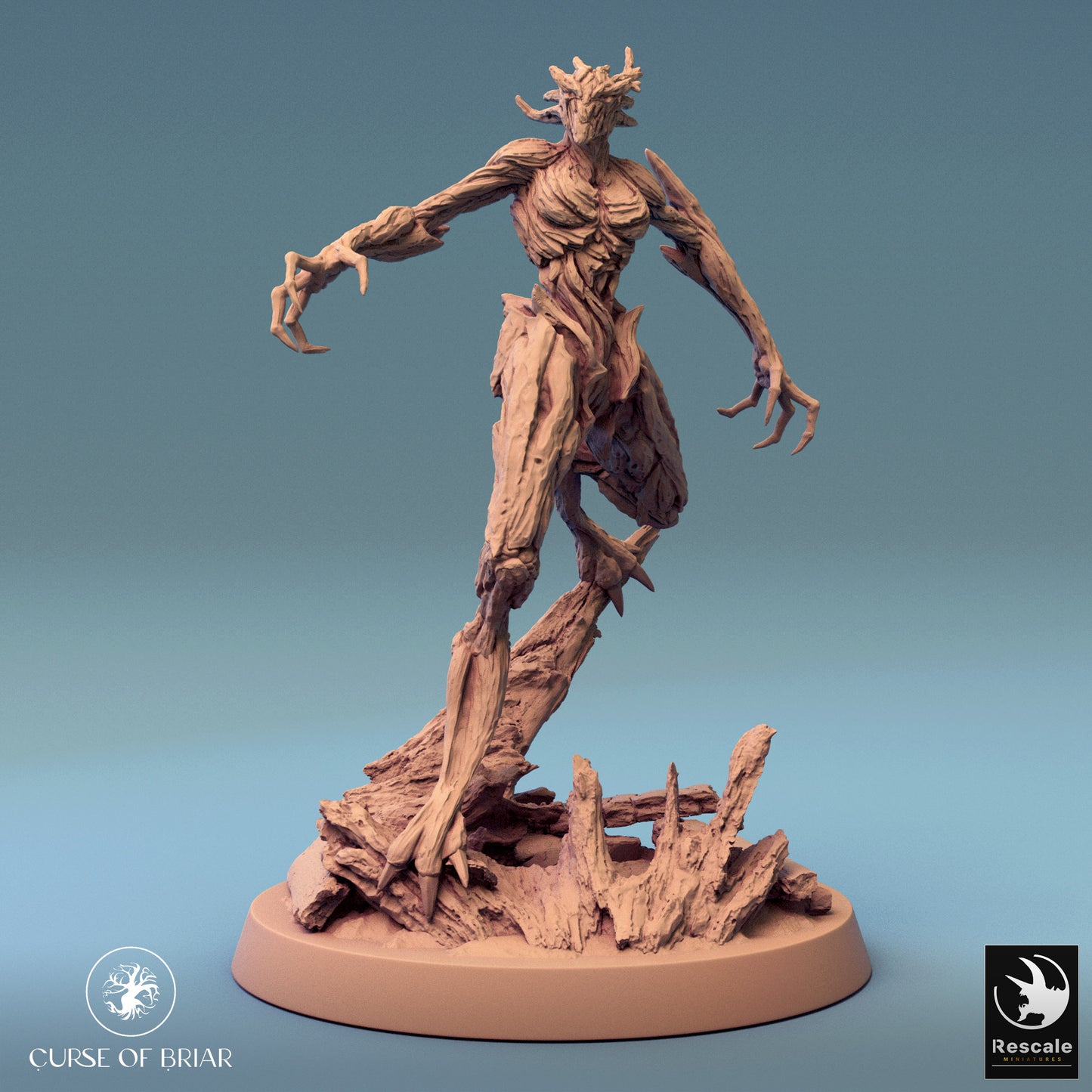 A wood fey miniature in a contemplative stance, with its arms curved and claws ready, on a rugged terrain base.