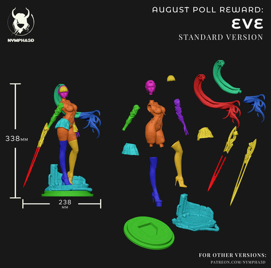 Eve Model – Parts Breakdown: Exploded 3D layout of Eve model showing modular components including head, limbs, hair, sword, and sci-fi base with height dimensions.